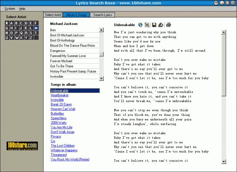 100Share.com Lyrics Base Screenshot